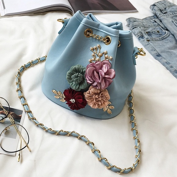 Handbags - Baby blue bucket bag with 3D flowers 💐🌷🌸